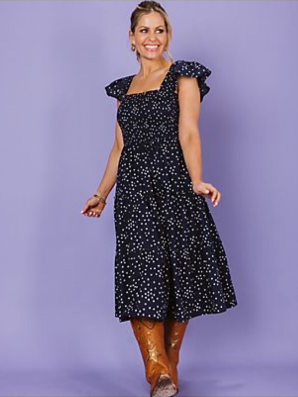 Candace Cameron Bure Navy Blue Floral Printed Smocked Midi Dress Large Petite